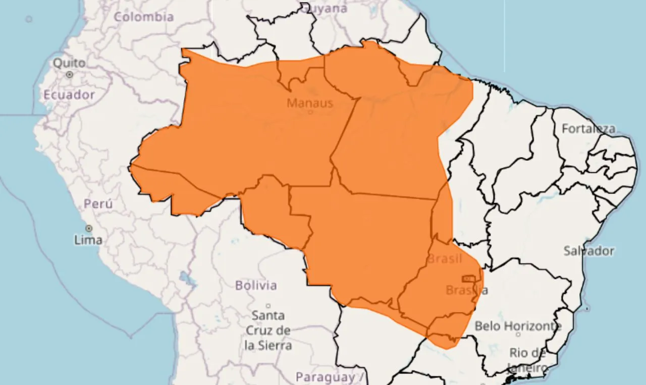 O mapa mostra as localidades em alerta laranja para chuva intensa e ventos